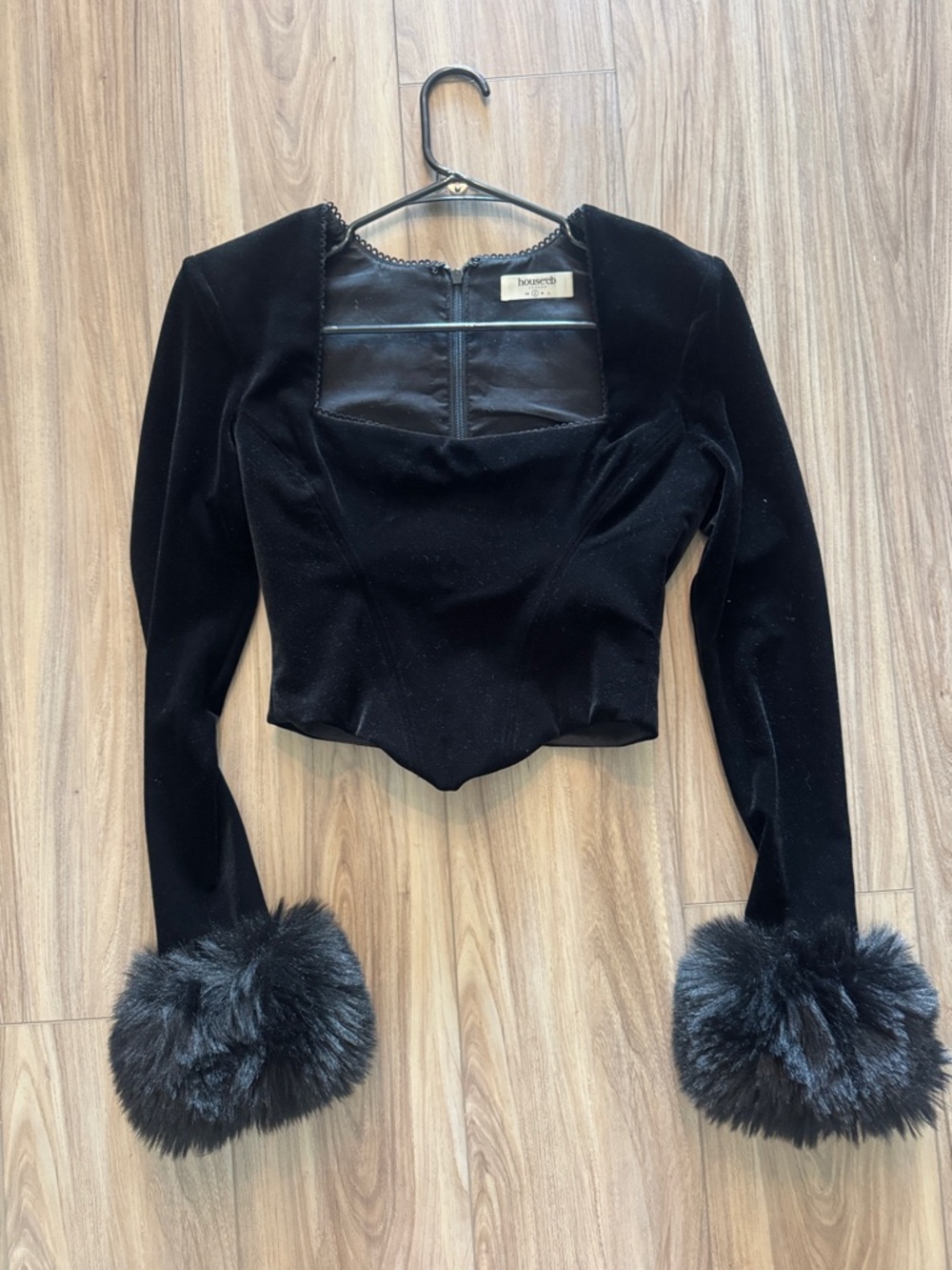 House of CB Black Velvet Long Sleeve Crop Top with Faux Fur Cuffs